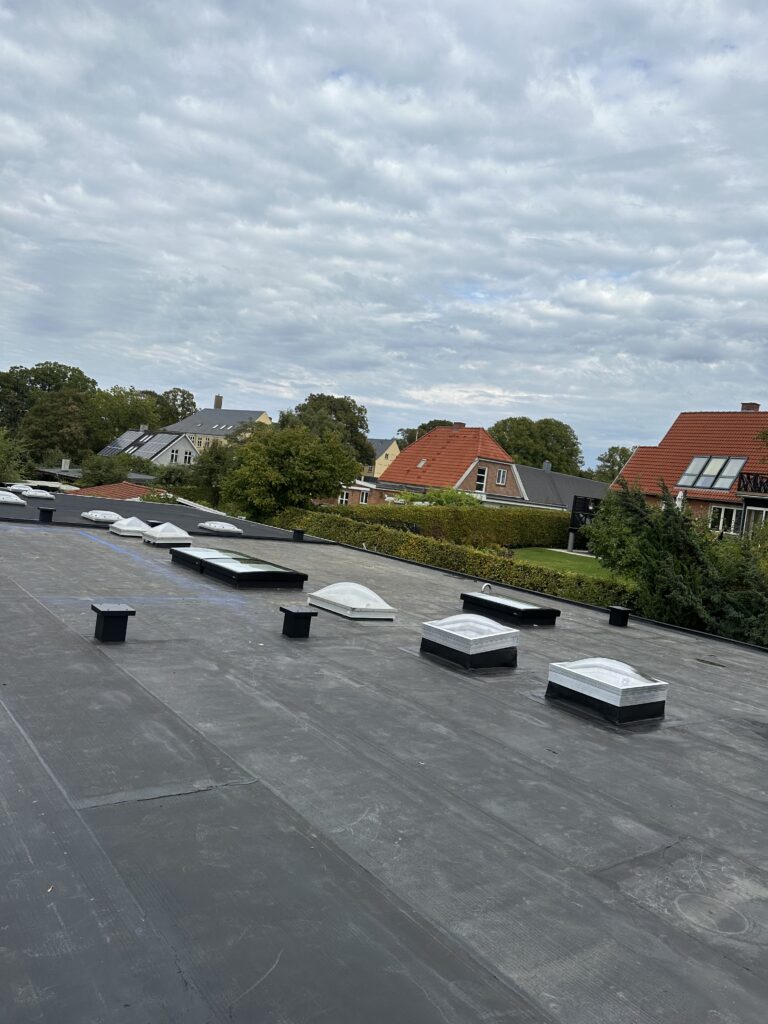 Fladt tag med ovenlys i boligområde