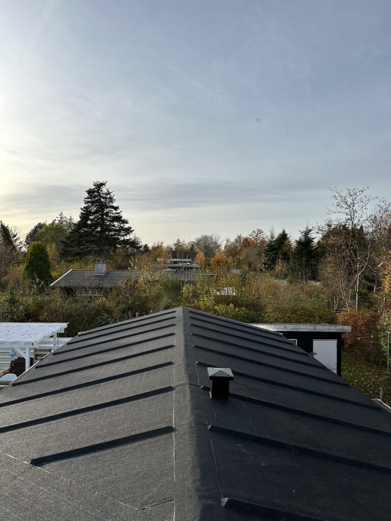 Tag med udsigt over efterårshaver og træer