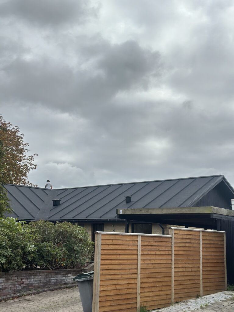 Person arbejder på sort hustag under overskyet himmel