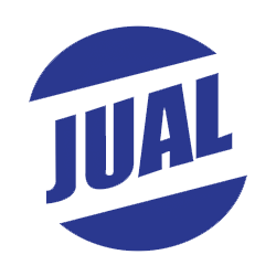 Blåt rundt logo med teksten JUAL